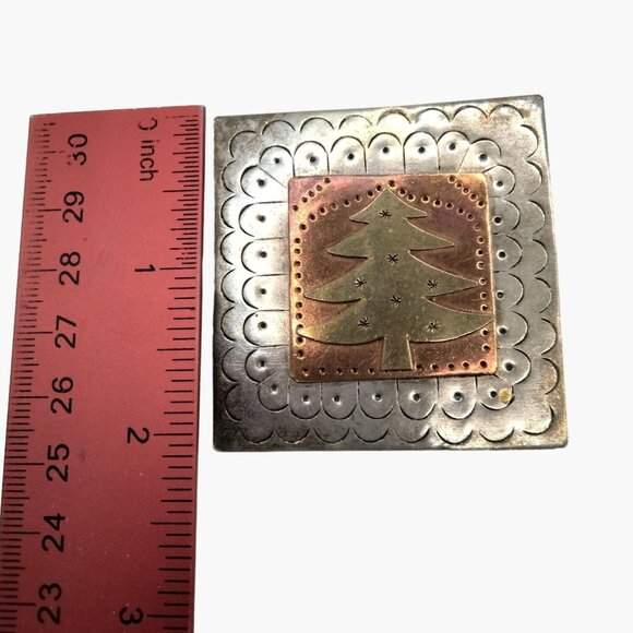 Pounded Metal Christmas Tree Brooch Pin Square Design Silver Copper Brass - Picture 2 of 3